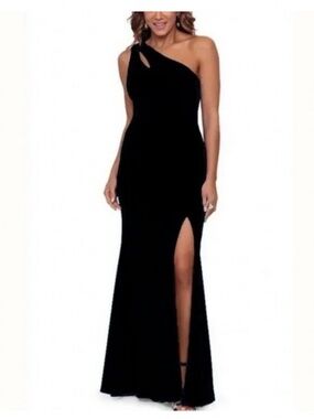 Xscape Black One-Shoulder Cut Out Side Slit Gown black